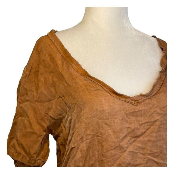 Project Social T Noelle Silk Top Cinnamon Brown V-Neck Short Sleeve Raw Edge S - Picture 2 of 7